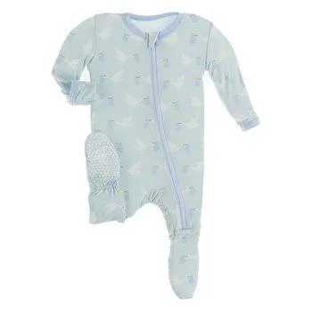 Kickee Pants Print Footie with Zipper (Spring Sky Stork)
