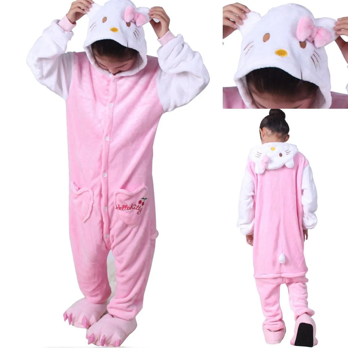 Kids Hello Kitty Cat Kigurumi Onesie Pajamas Flannel Costume