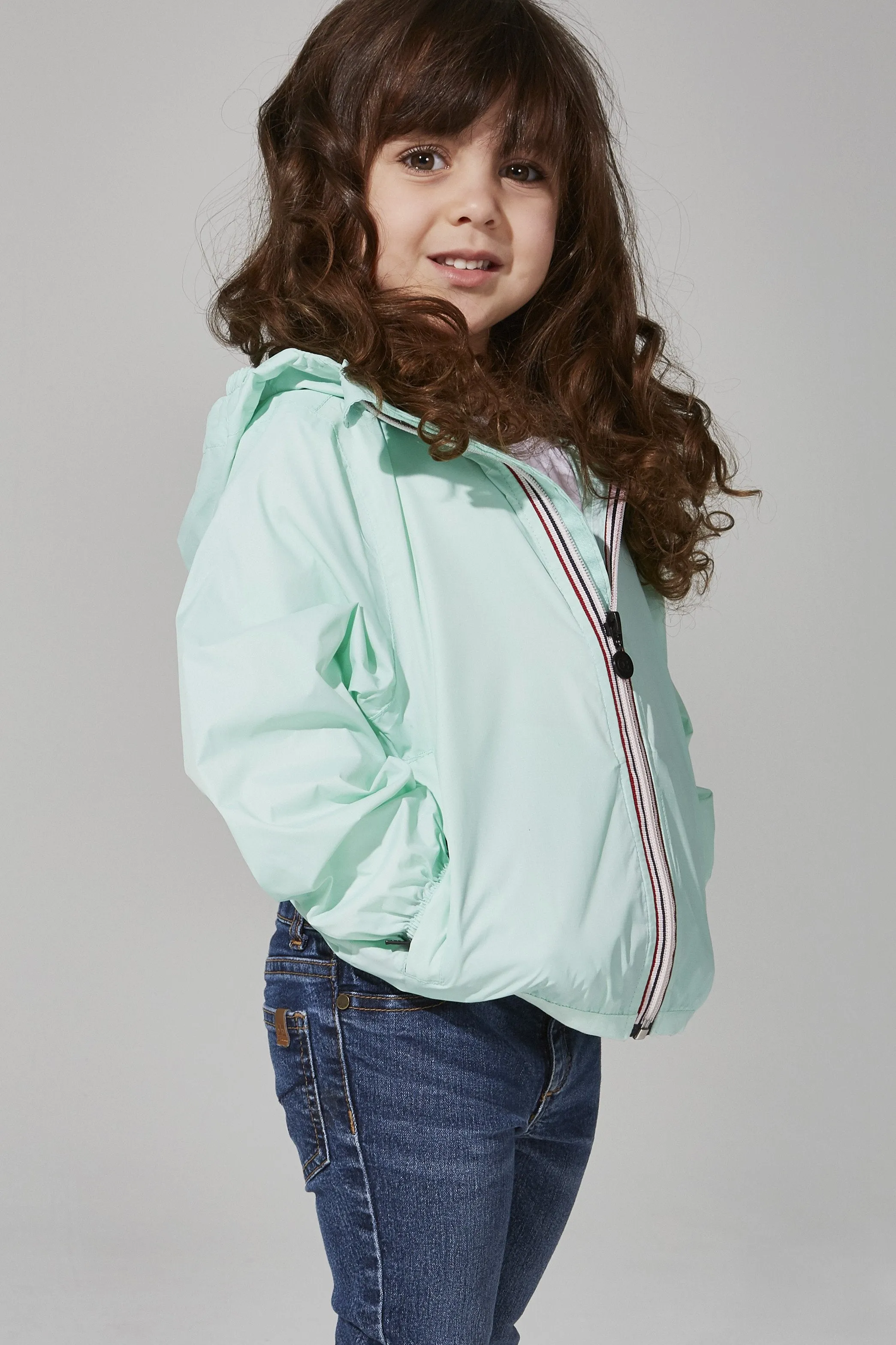 Kids Mint Full Zip Packable Rain Jacket and Windbreaker