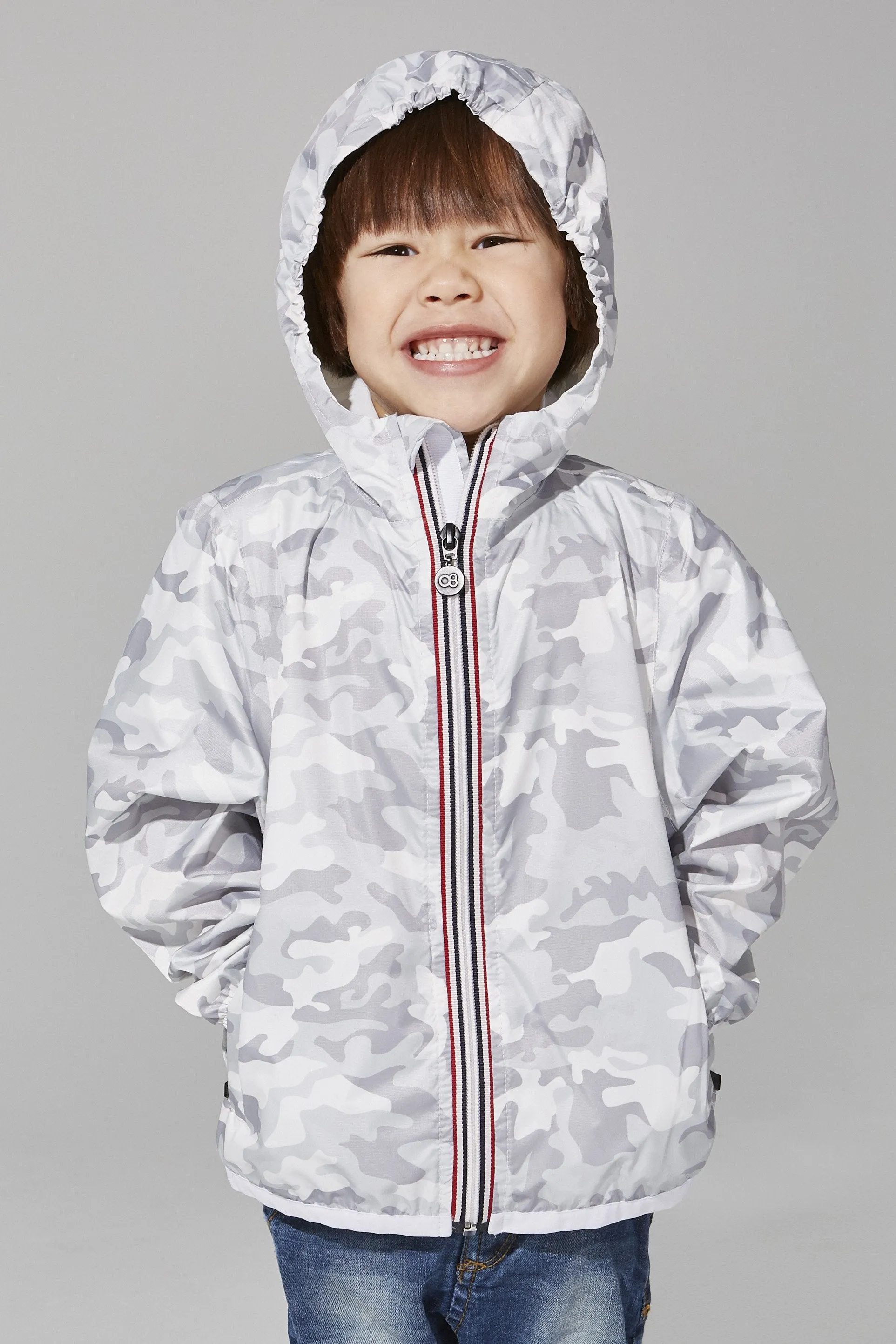 Kids white camo full zip light packable rain jacket and windbreaker