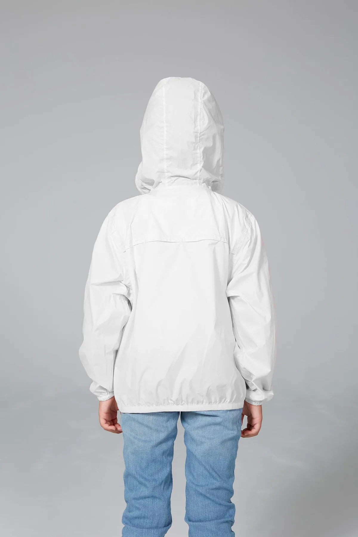 Kids white full zip packable rain jacket and windbreaker