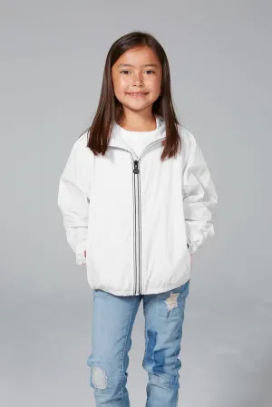 Kids white full zip packable rain jacket and windbreaker