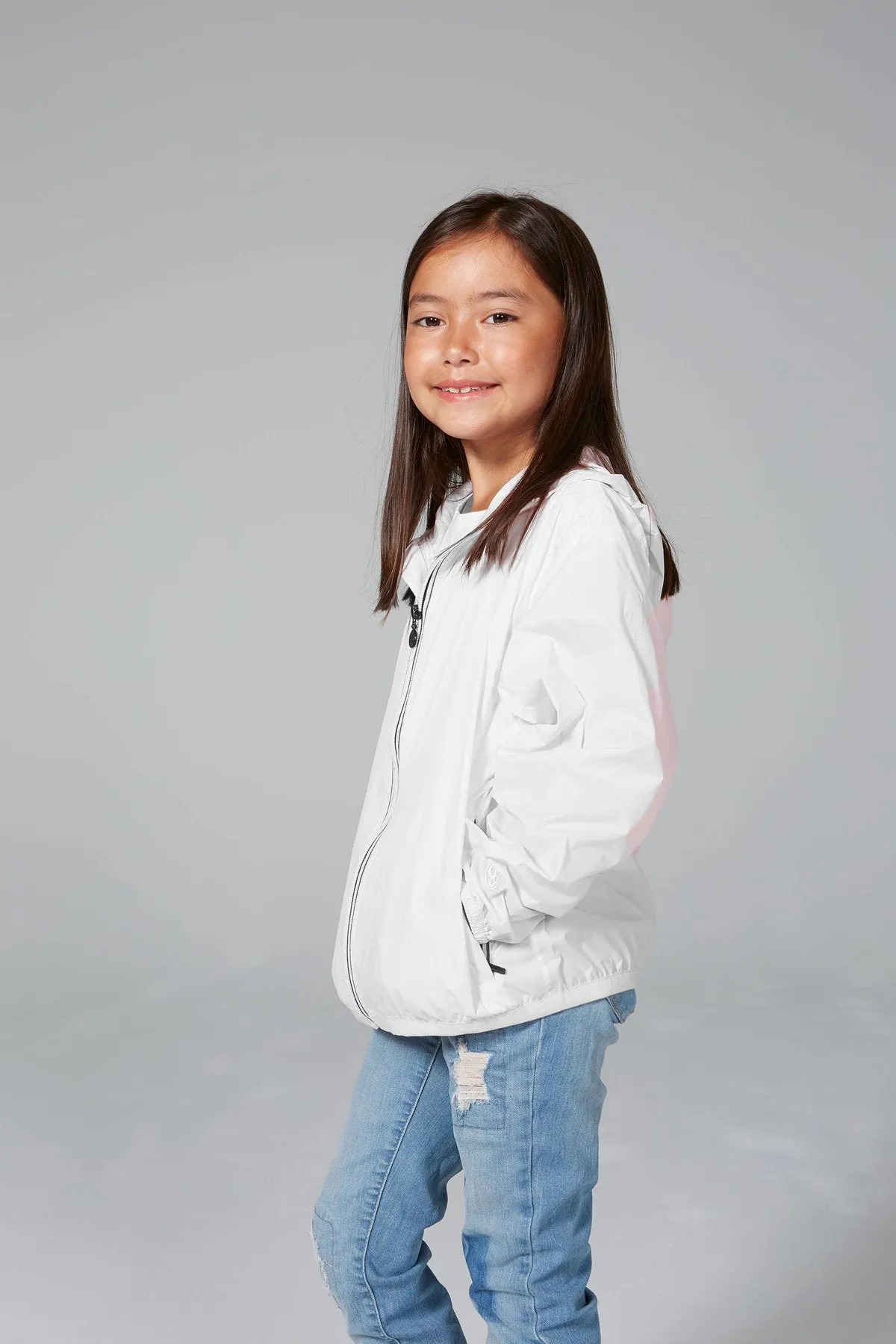 Kids white full zip packable rain jacket and windbreaker