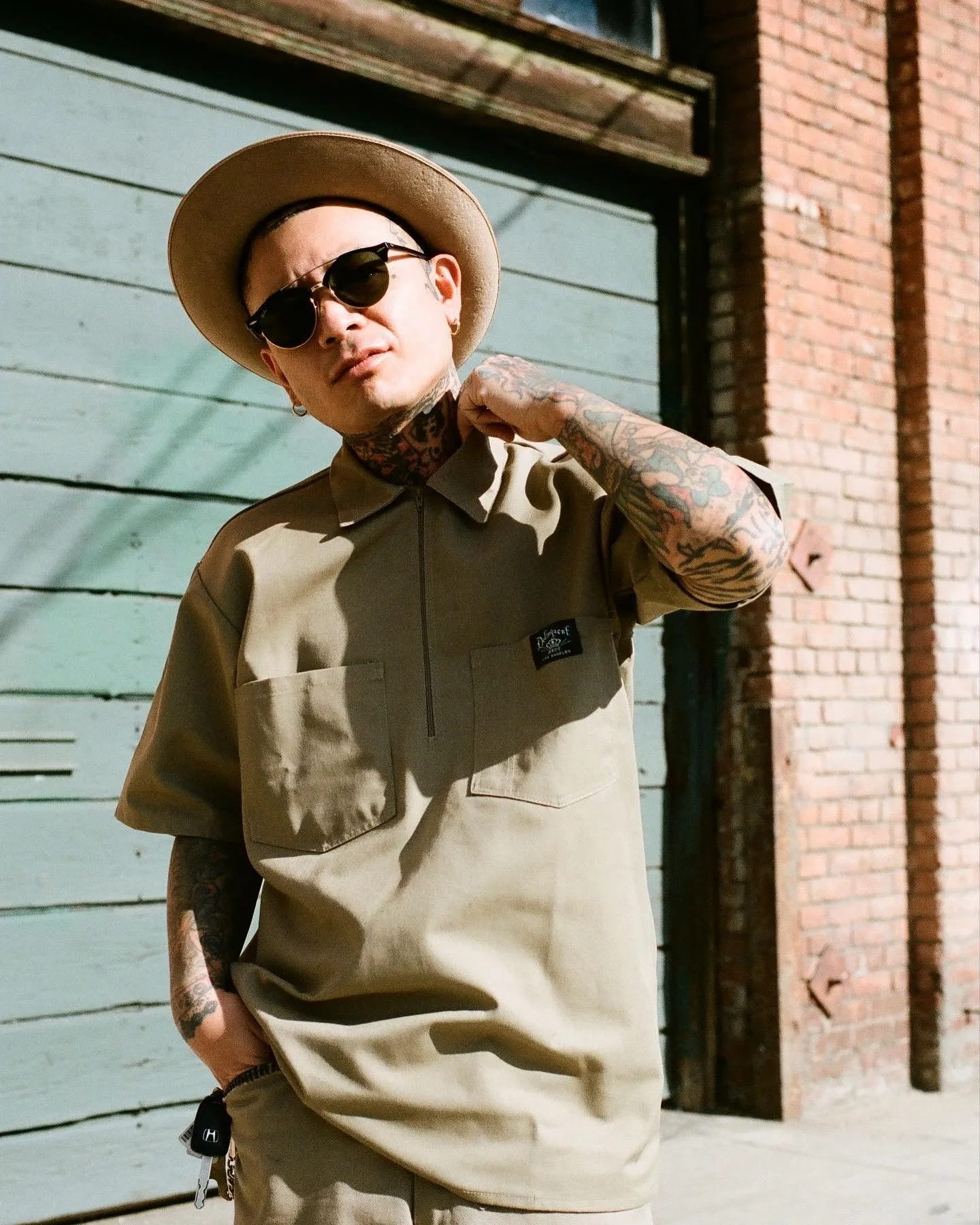 LA Monster 1/4 zip work shirt in Khaki
