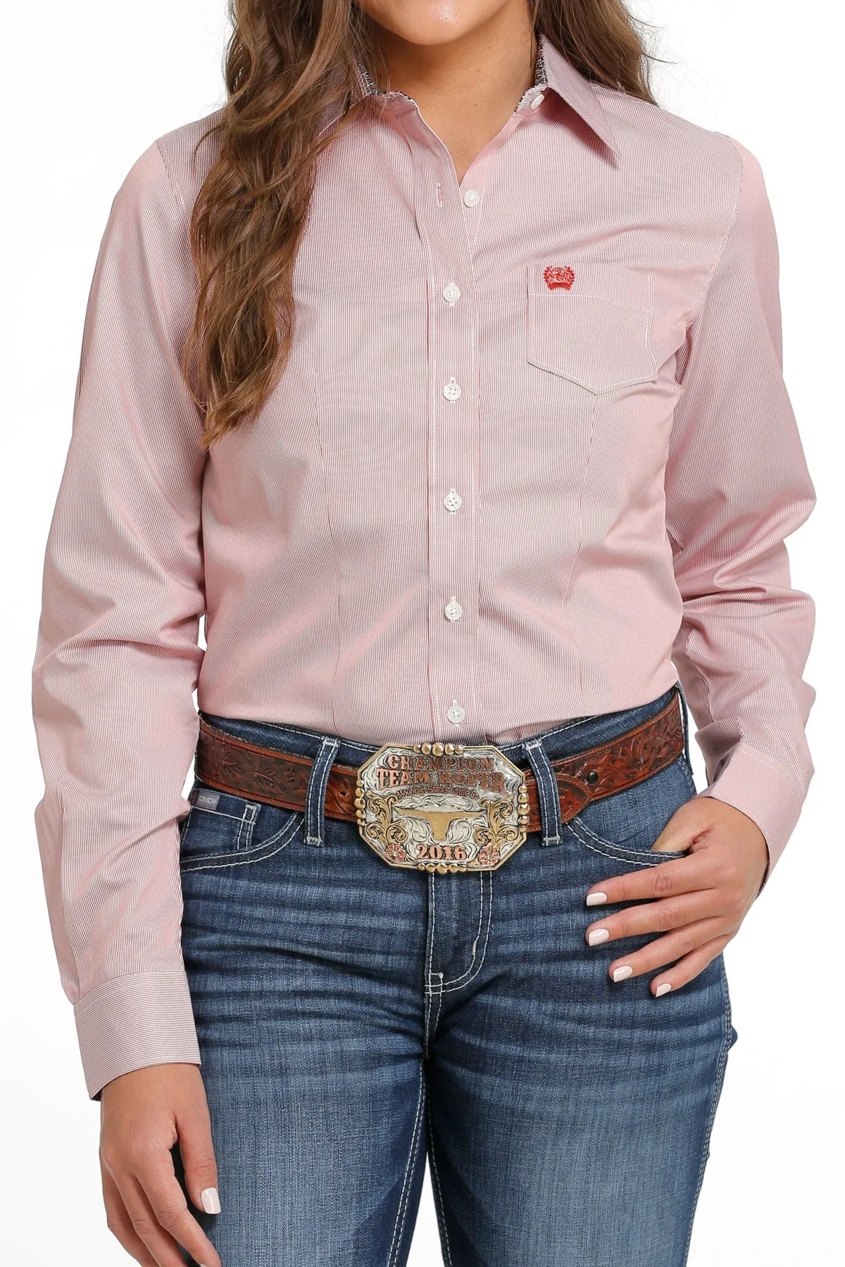 LADIES RED SMALL STRIPE CINCH LONG SLEEVE SHIRT