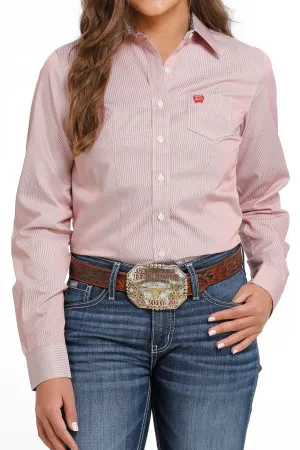 LADIES RED SMALL STRIPE CINCH LONG SLEEVE SHIRT