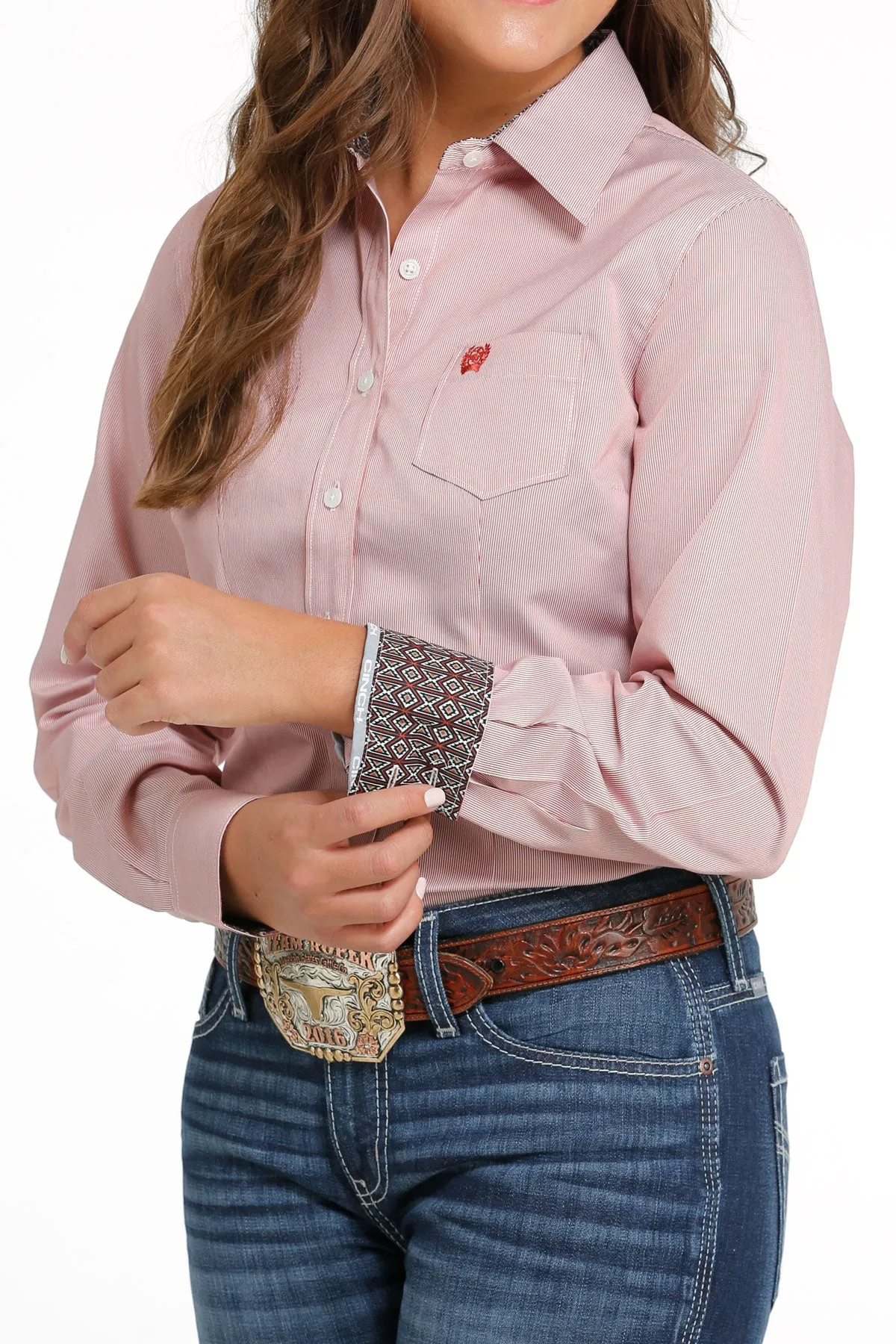 LADIES RED SMALL STRIPE CINCH LONG SLEEVE SHIRT