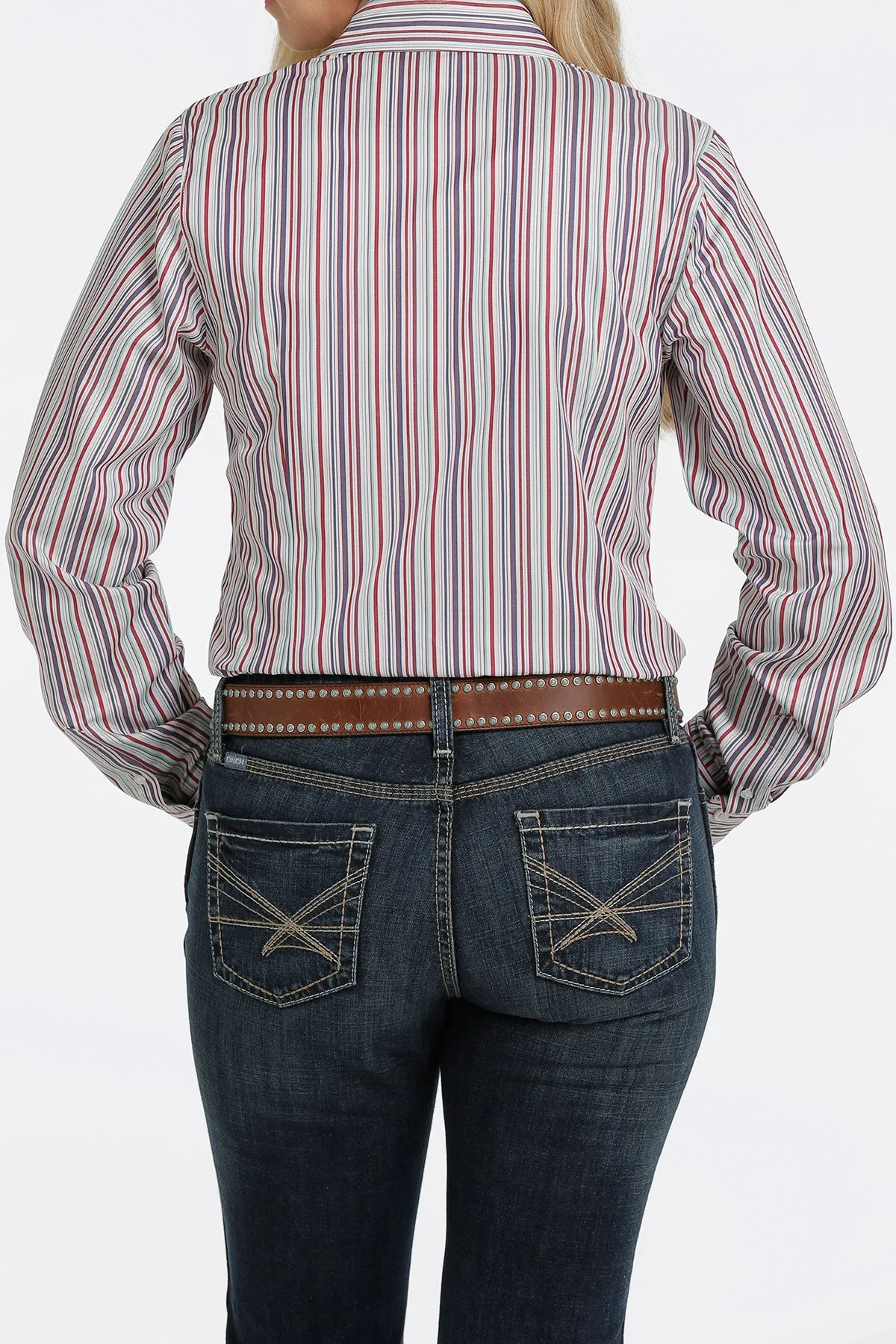 LADIES RED/BLUE STRIPE LONG SLEEVE CINCH SHIRT