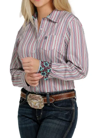 LADIES RED/BLUE STRIPE LONG SLEEVE CINCH SHIRT
