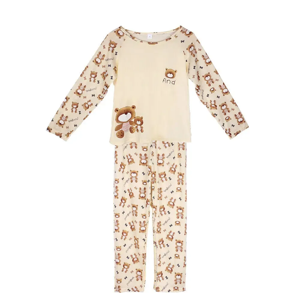 Ladies Womens Pyjamas Pj Set Long Sleeve Top Cartoon Cute Bear Nightwear Lounge Wear Pyjama 2 Pieces Suit