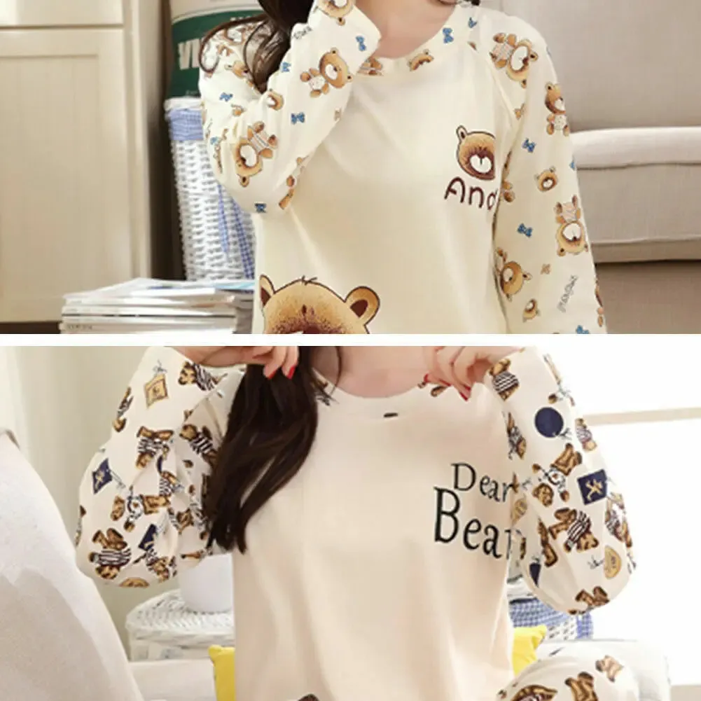 Ladies Womens Pyjamas Pj Set Long Sleeve Top Cartoon Cute Bear Nightwear Lounge Wear Pyjama 2 Pieces Suit