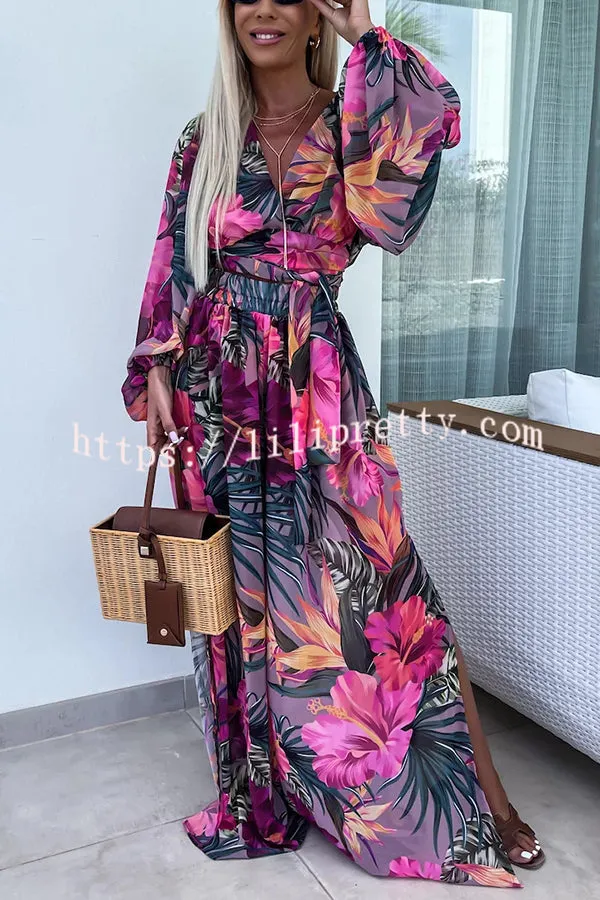 Lady Summer Leopard Print Lantern Sleeve Top and Elastic Waist Slit Pants Set