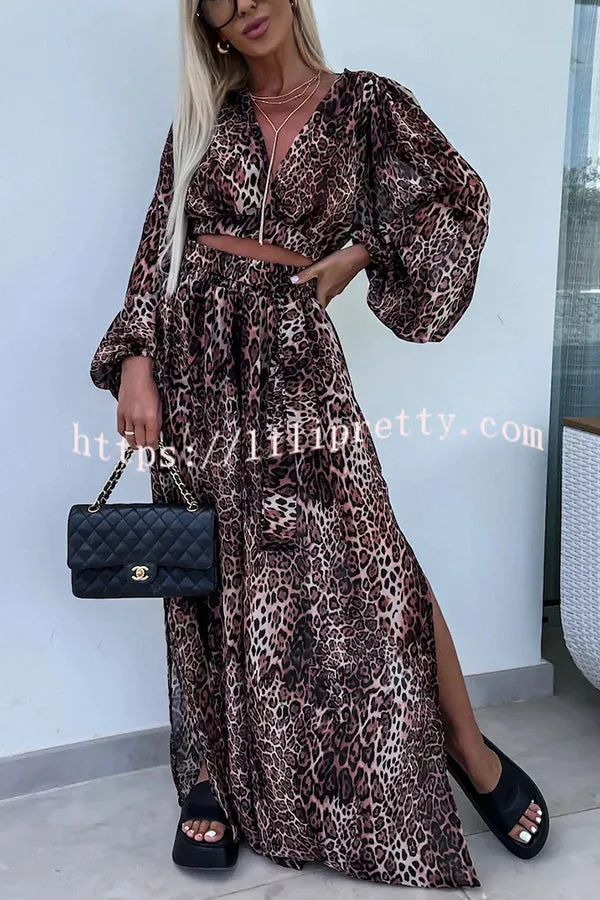Lady Summer Leopard Print Lantern Sleeve Top and Elastic Waist Slit Pants Set