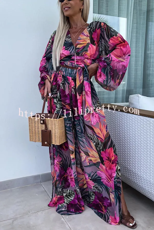 Lady Summer Leopard Print Lantern Sleeve Top and Elastic Waist Slit Pants Set