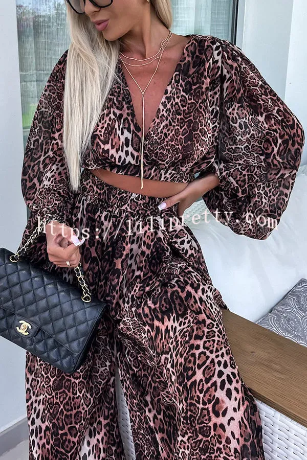 Lady Summer Leopard Print Lantern Sleeve Top and Elastic Waist Slit Pants Set