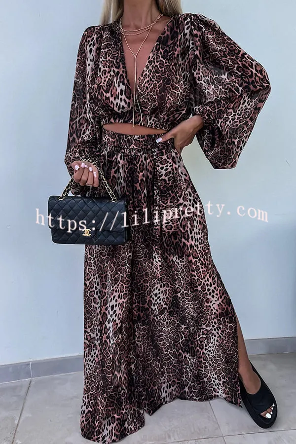 Lady Summer Leopard Print Lantern Sleeve Top and Elastic Waist Slit Pants Set