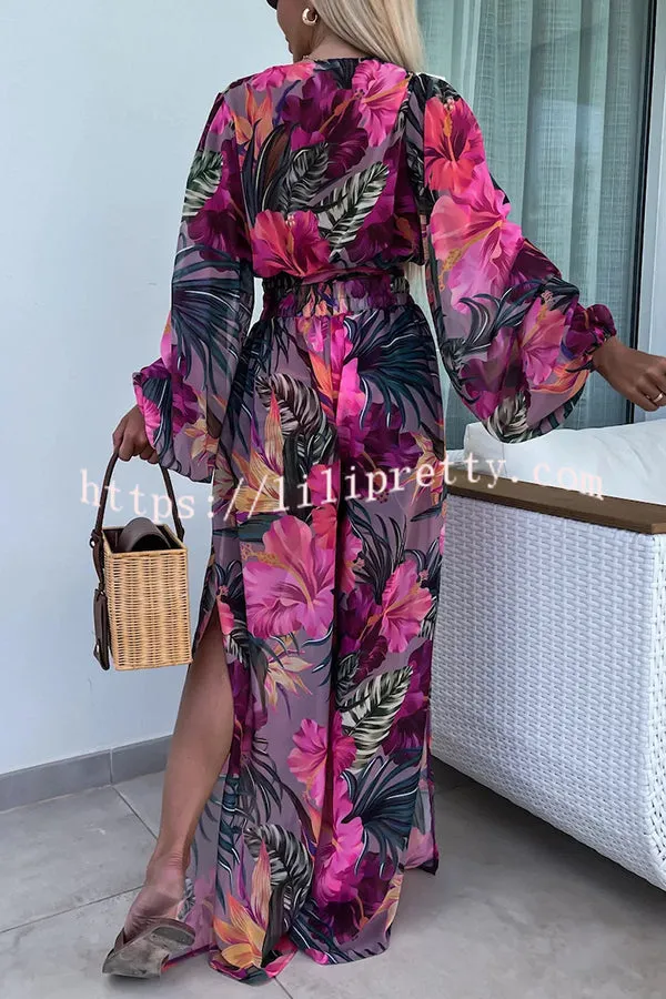 Lady Summer Leopard Print Lantern Sleeve Top and Elastic Waist Slit Pants Set