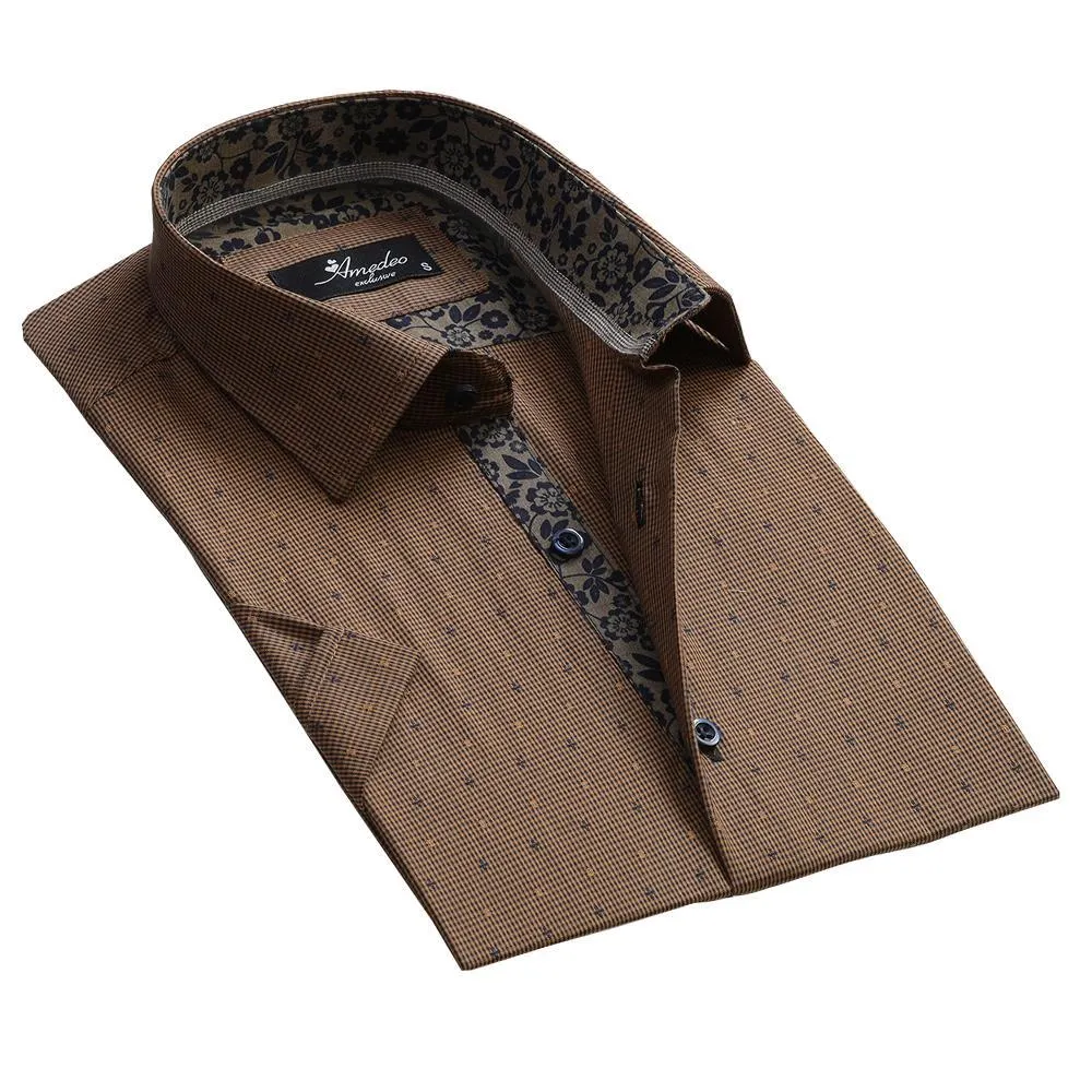 Light Brown Mens Short Sleeve Button up Shirts - Tailored Slim Fit Cotton Dress Shirts