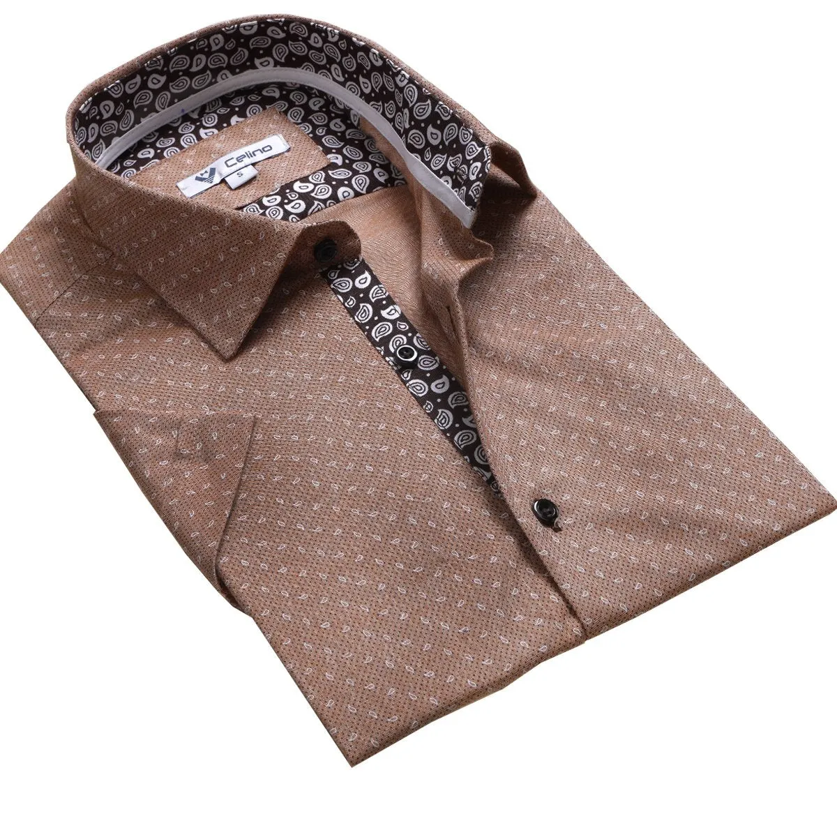 Light Brown Paisley Short Sleeve Button up Shirts for Men - Tailored Slim Fit Cotton Dress Shirts