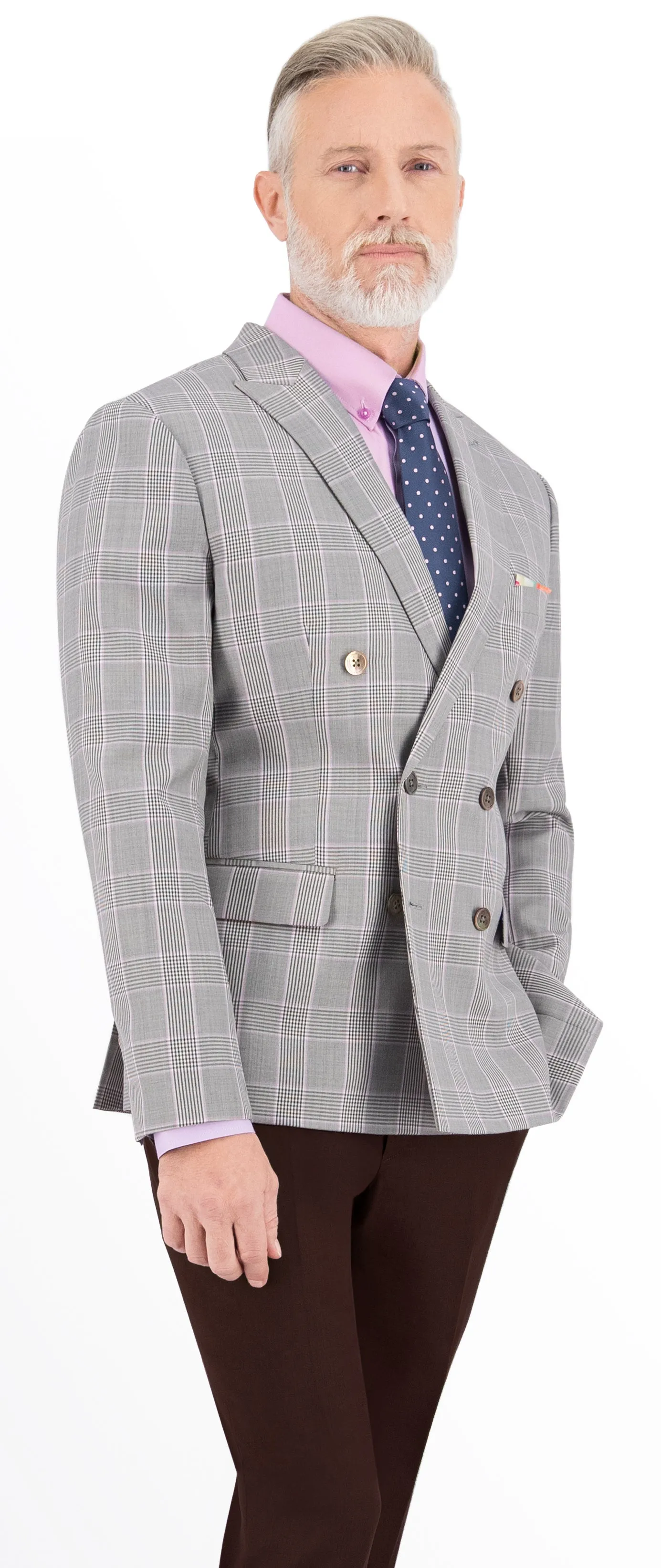 Light Grey with Purple Plaid Check Regular Double Breast Suit