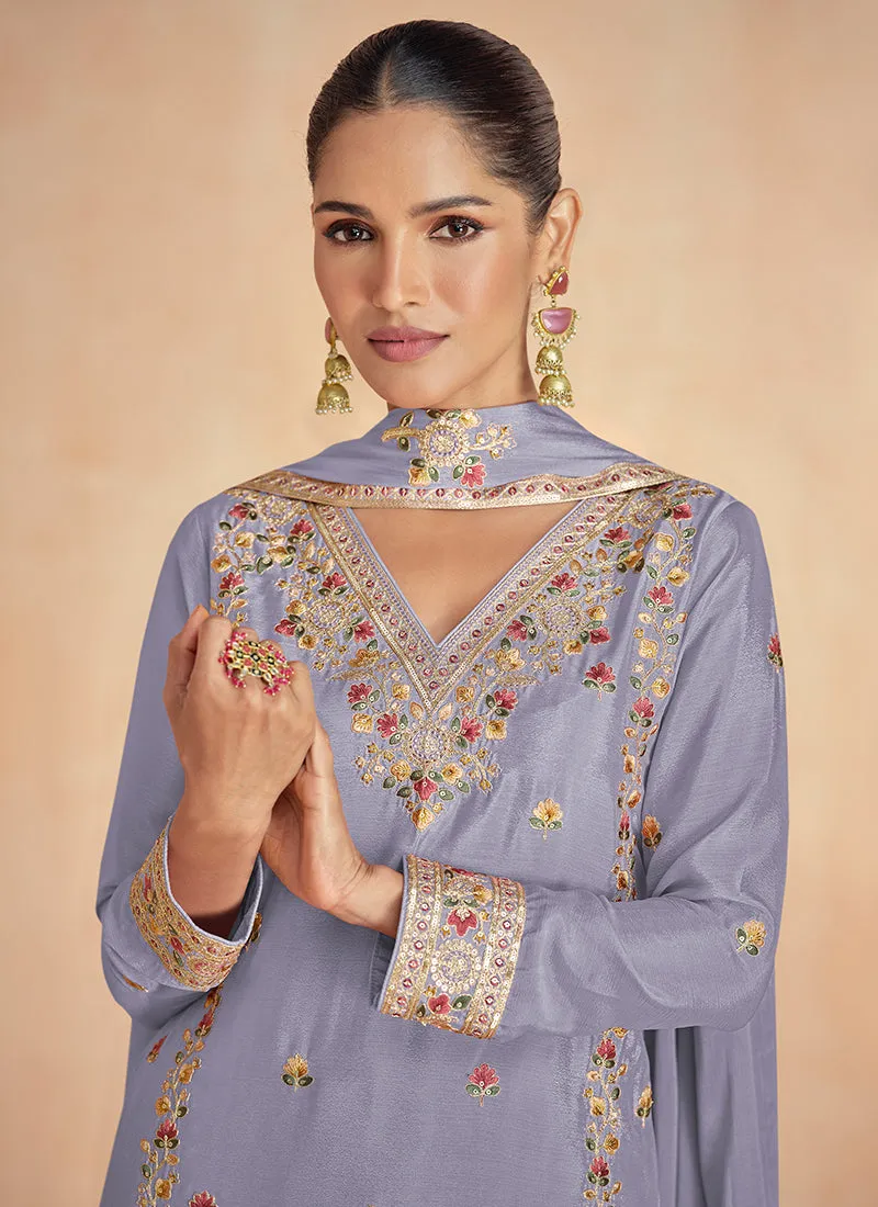 Light Purple Multi Embroidery Festive Palazzo Suit