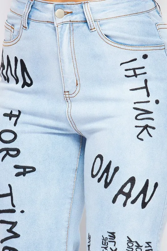 Lilian Letter Embroidered Print Denim Jean Pants