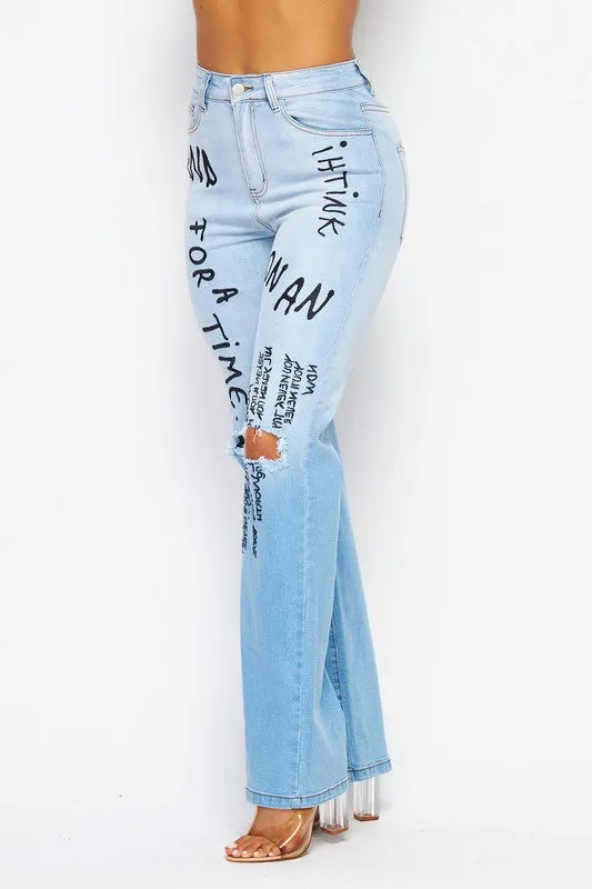 Lilian Letter Embroidered Print Denim Jean Pants