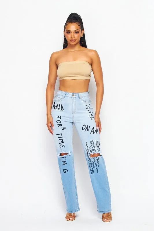 Lilian Letter Embroidered Print Denim Jean Pants