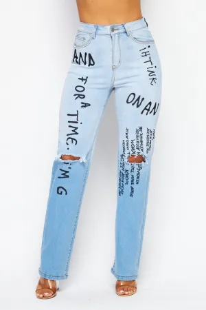 Lilian Letter Embroidered Print Denim Jean Pants