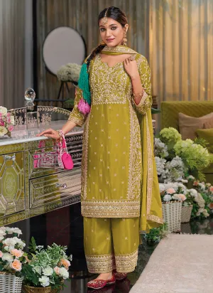 Lime Green Traditional Embroidery Chinnon Palazzo Suit