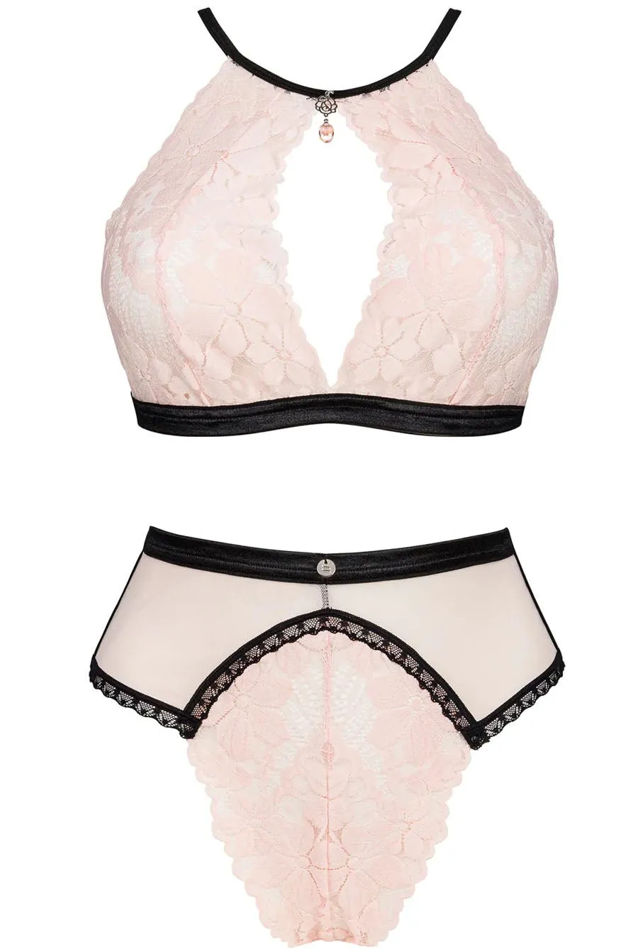 Luxe Blush Pink Lace & Black 2 Piece Lingerie Set