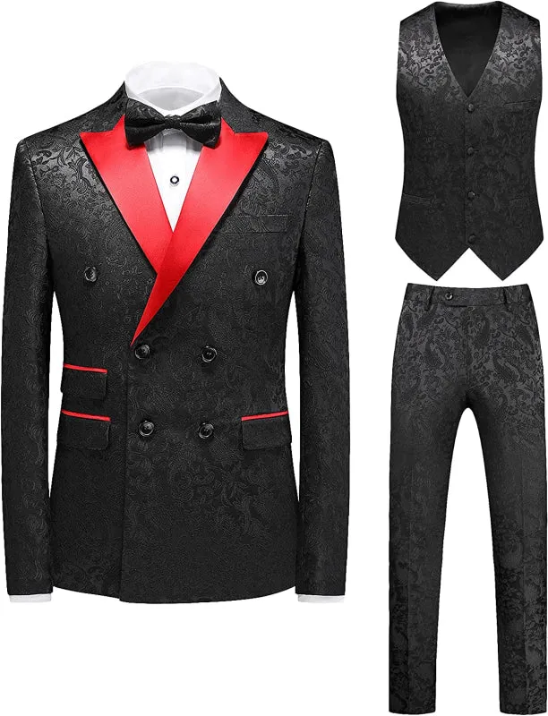 Luxury Black Floral Paisley Jacquard Three Pieces Prom Suits Double Breasted Tuxedos Wedding Party Wear