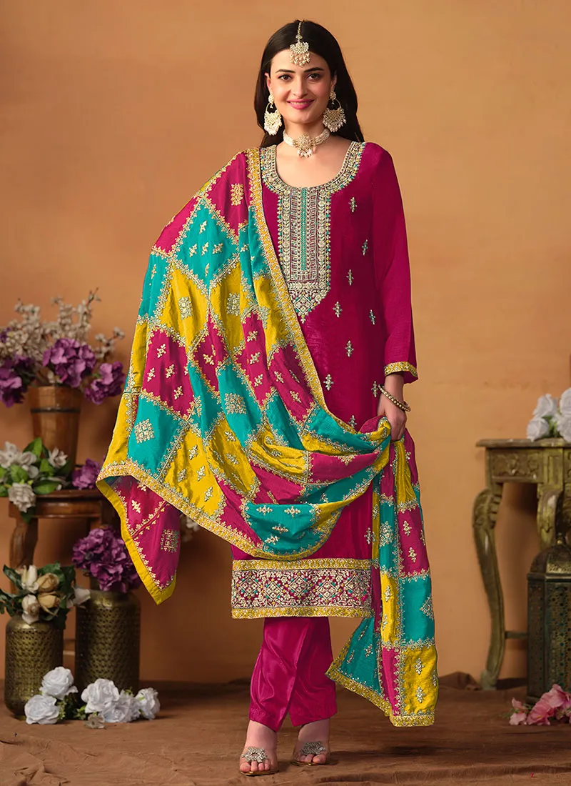 Magenta Multi Embroidery Traditional Pant Suit