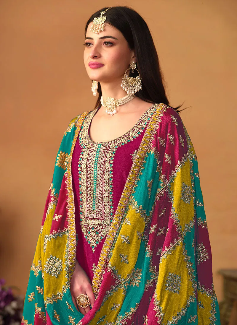 Magenta Multi Embroidery Traditional Pant Suit