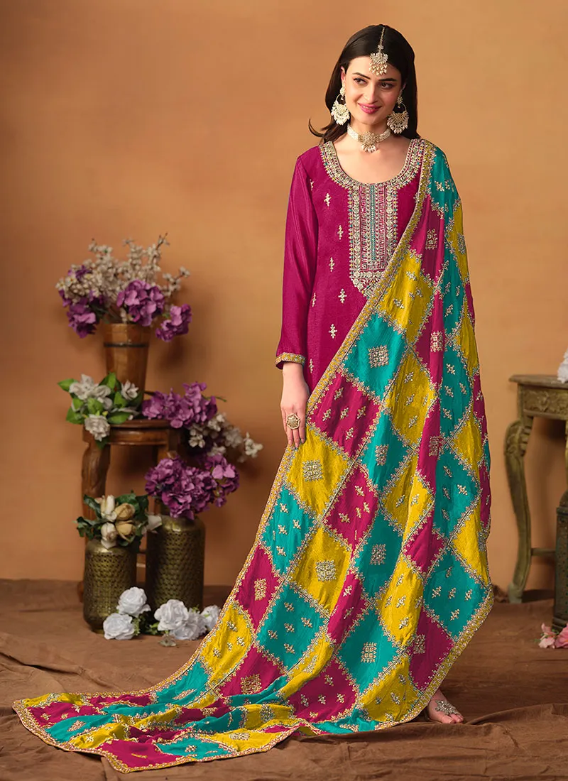 Magenta Multi Embroidery Traditional Pant Suit