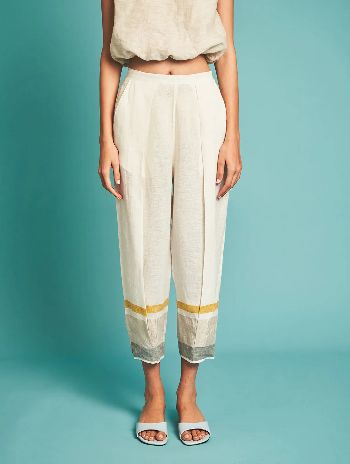 Manan   I   Manan - Vara Pleated Pants - Ivory  Border Collection