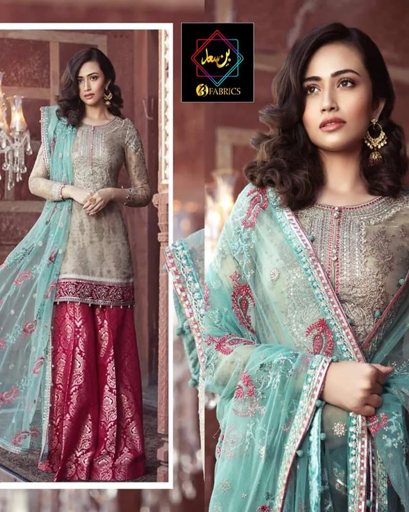 Maria B Net Embroidered Suit With Heavily Embroidered 4 Sided Border Applique Dupatta (Replica)(Unstitched)