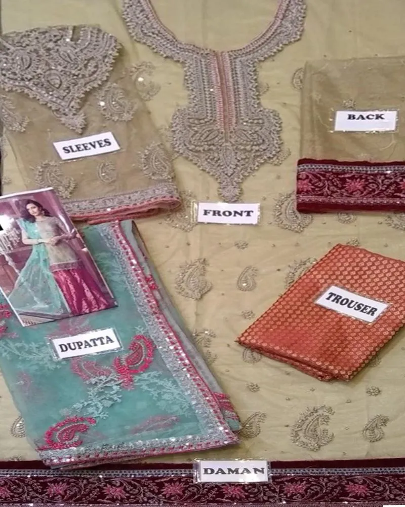 Maria B Net Embroidered Suit With Heavily Embroidered 4 Sided Border Applique Dupatta (Replica)(Unstitched)