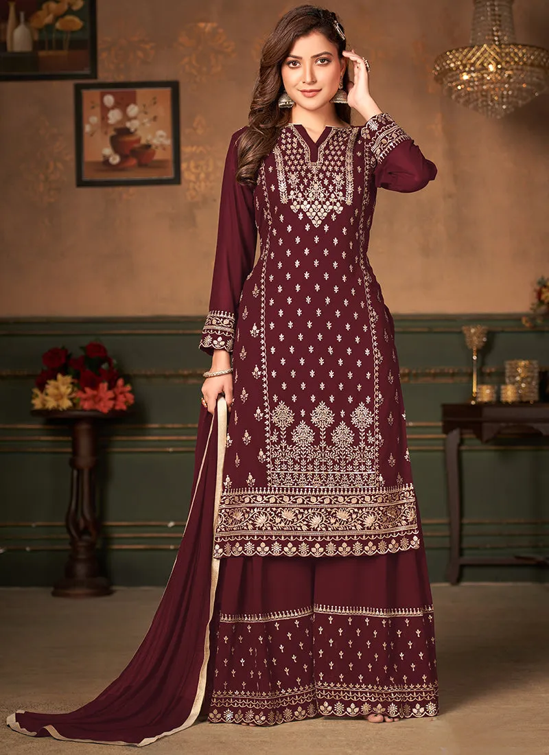 Maroon Embroidered Designer Georgette Palazzo Suit