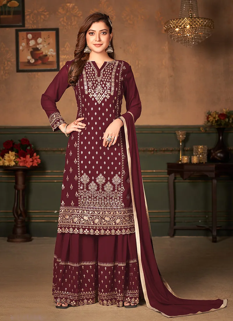 Maroon Embroidered Designer Georgette Palazzo Suit