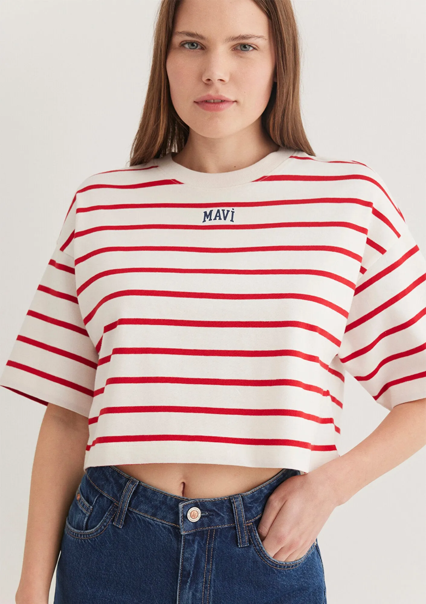 Mavi Logo Printed Red Striped T-Shirt