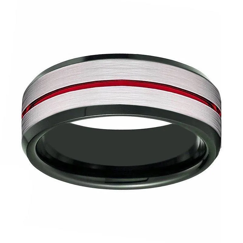 Men's Beveled Black Tungsten Carbide Wedding Ring with Red Stripe Center - 8mm