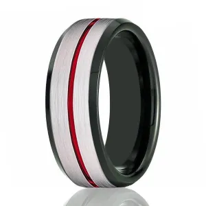 Men's Beveled Black Tungsten Carbide Wedding Ring with Red Stripe Center - 8mm