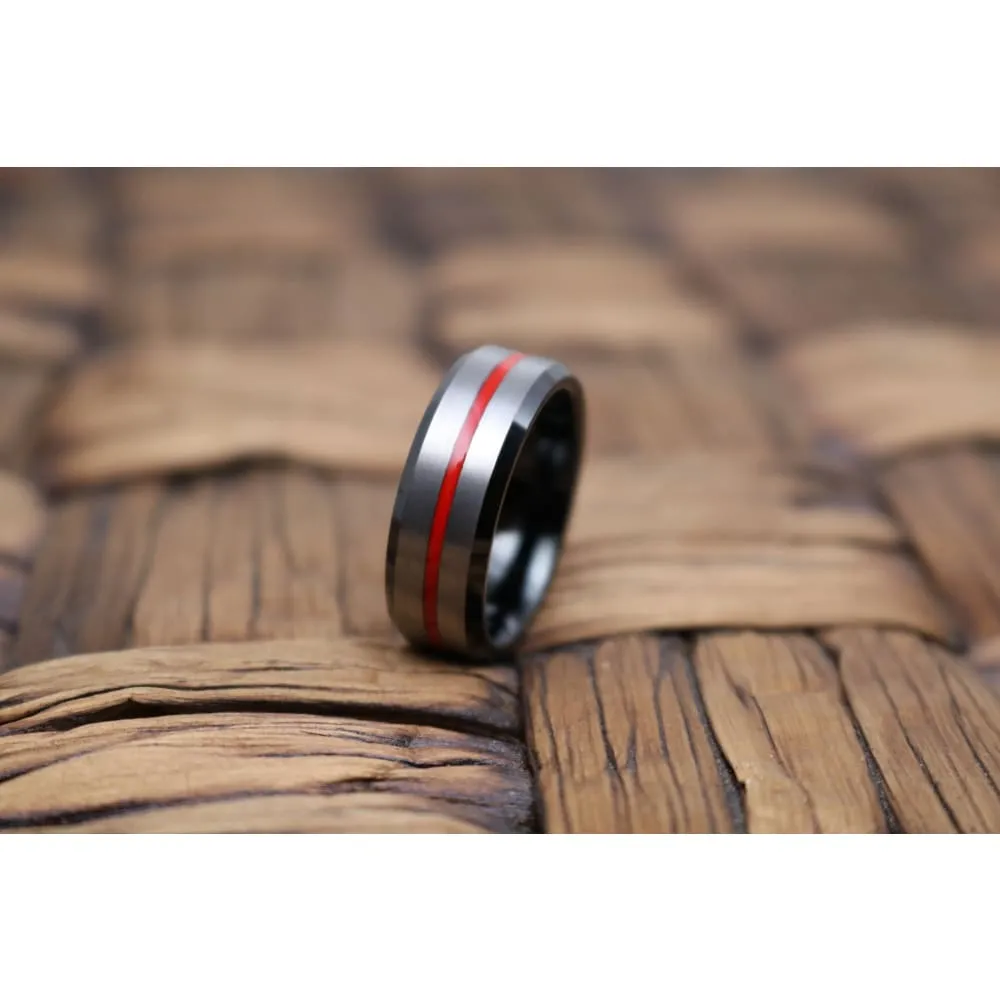 Men's Beveled Black Tungsten Carbide Wedding Ring with Red Stripe Center - 8mm