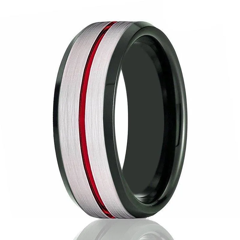 Men's Beveled Black Tungsten Carbide Wedding Ring with Red Stripe Center - 8mm