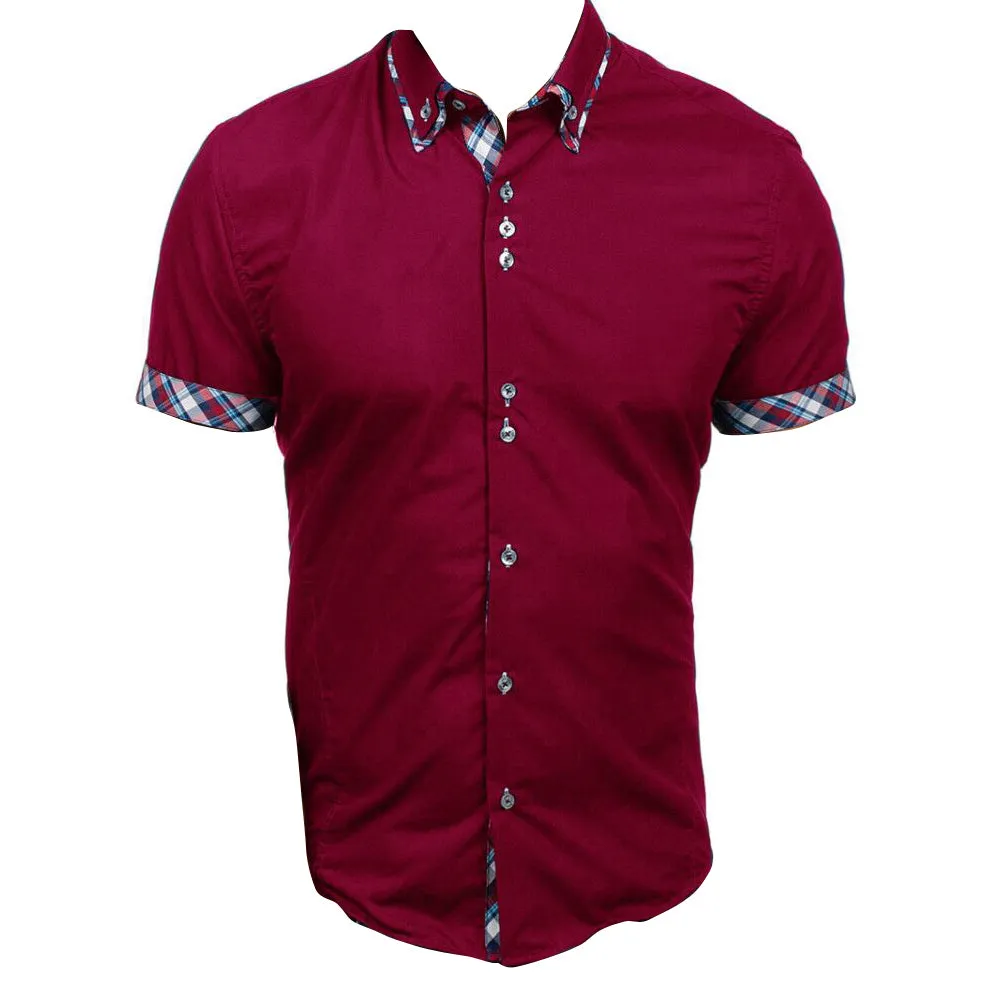 Men's Button down Tailor Fit Soft 100% Cotton Short Sleeve Dress Shirt Burgandy with Colorful Check casual And Formal