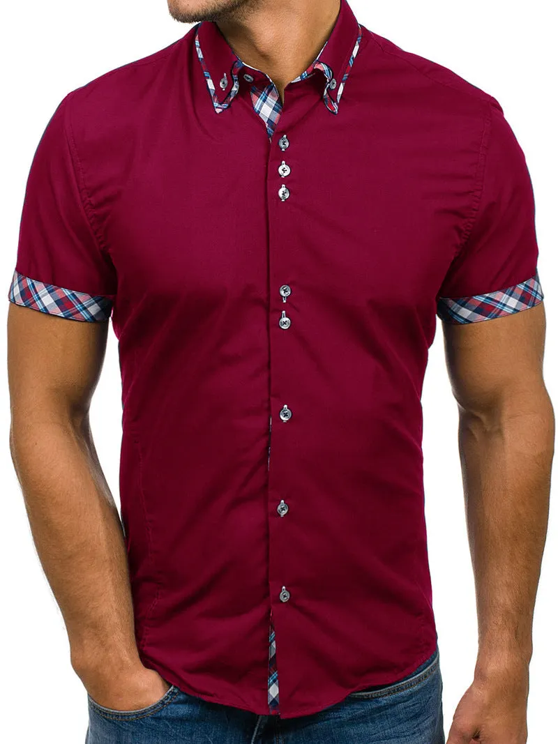 Men's Button down Tailor Fit Soft 100% Cotton Short Sleeve Dress Shirt Burgandy with Colorful Check casual And Formal
