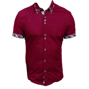 Men's Button down Tailor Fit Soft 100% Cotton Short Sleeve Dress Shirt Burgandy with Colorful Check casual And Formal