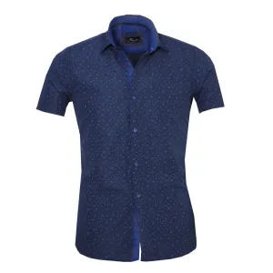 Men's Button down Tailor Fit Soft 100% Cotton Short Sleeve Dress Shirt Dark Blue Floral casual And Formal