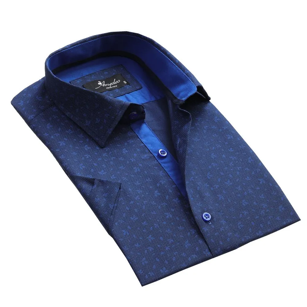 Men's Button down Tailor Fit Soft 100% Cotton Short Sleeve Dress Shirt Dark Blue Floral casual And Formal